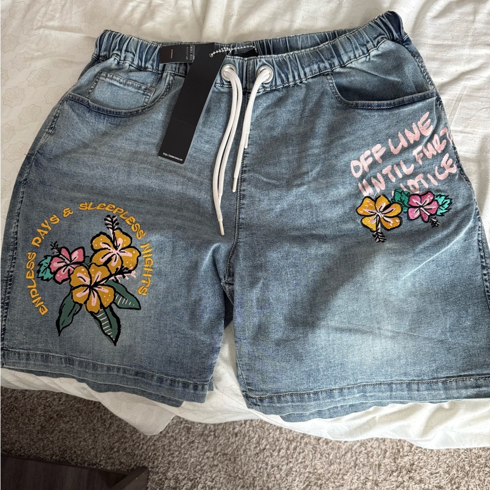 Men's Blue Jean Shorts with Floral Embroidery